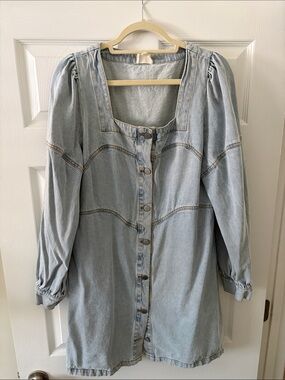 BiBi Light Blue Denim Button-Up Dress with Puff Sleeves